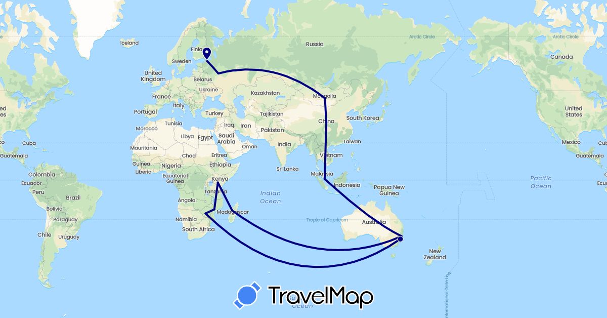 TravelMap itinerary: driving in Australia, China, Indonesia, Kenya, Madagascar, Mongolia, Mozambique, Russia, Zimbabwe (Africa, Asia, Europe, Oceania)